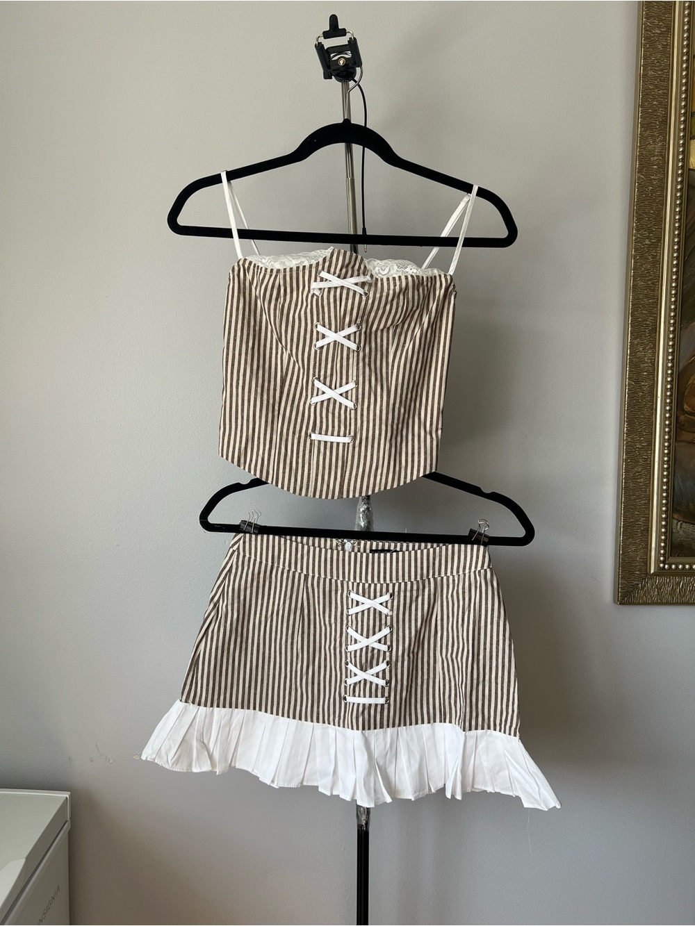 NEW Fashion Nova Rosie Linen Striped Skirt Set Brown/ combo 2 Piece Size XS